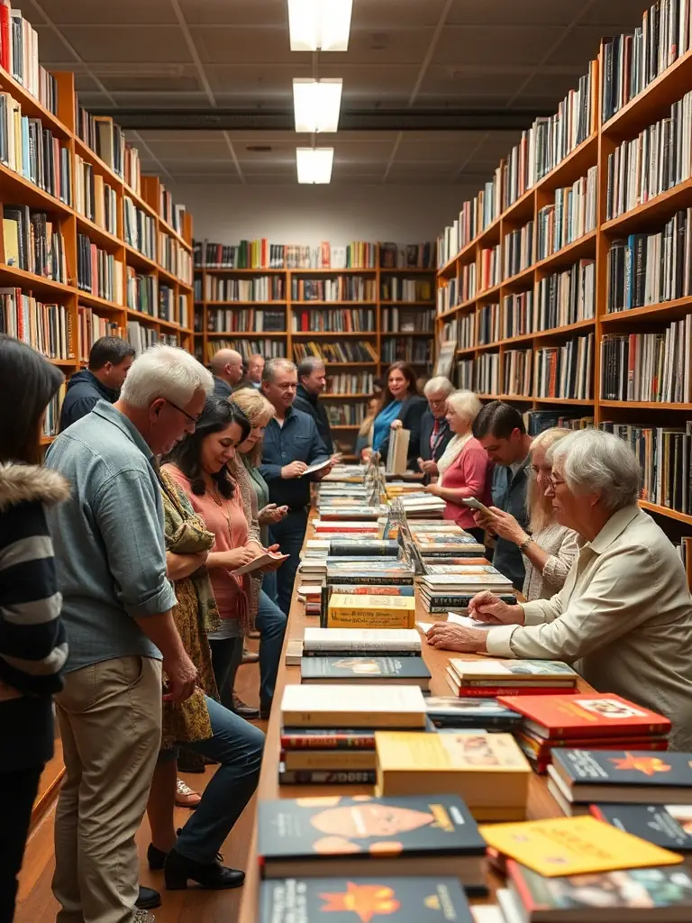 A brightly lit bookstore interior with an author seated at a table signing books for a line of eager readers, showcasing a successful venue partnership.