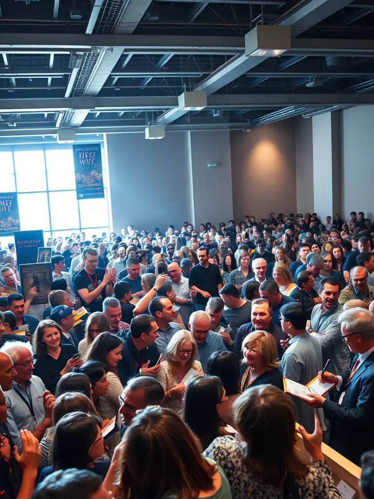 A vibrant photo capturing a book signing event with a large, engaged audience, showcasing the effectiveness of Nexvia ProSign Events' marketing strategies.