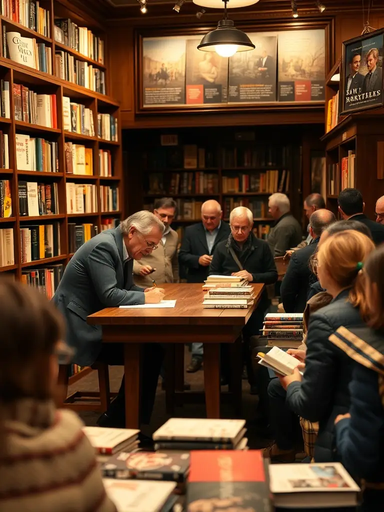 A vibrant photo of a well-lit, inviting bookstore with an author signing books in front of an engaged audience. The focus is on the lively interaction and the welcoming atmosphere.