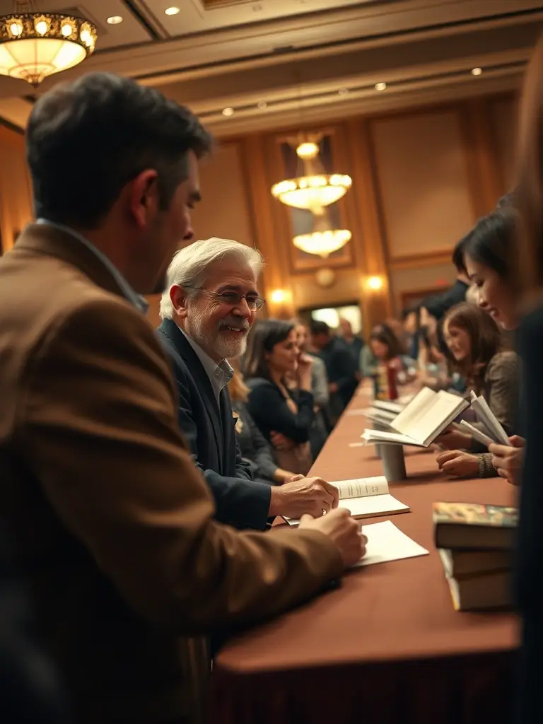 A professional photograph of a successful book signing event, highlighting the seamless coordination and happy attendees.
