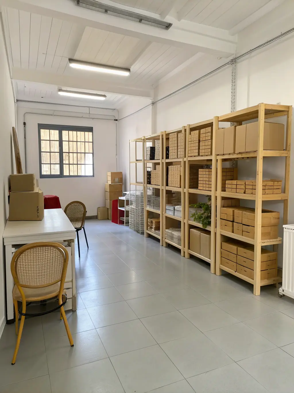 A well-organized book storage area with shelves neatly stacked with books, ready for distribution at a book signing event, highlighting efficient inventory logistics.