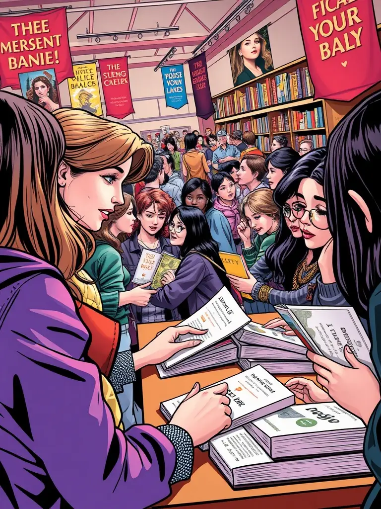 A lively scene of a book signing event with attendees engaging with the author and promotional banners. The image captures the excitement and interaction.