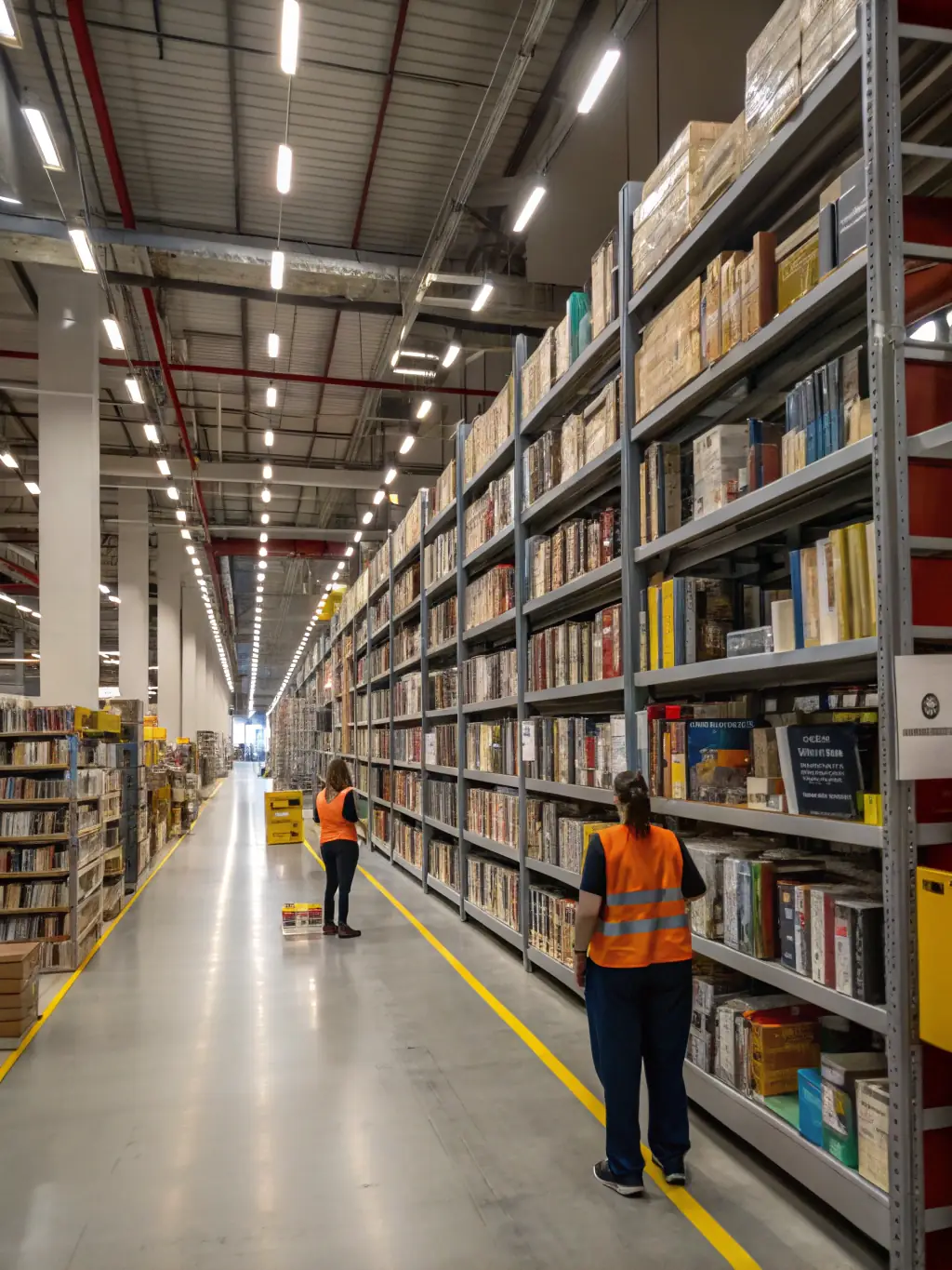 An image of neatly organized bookshelves with staff preparing books for an upcoming signing event. The scene showcases efficiency and attention to detail.